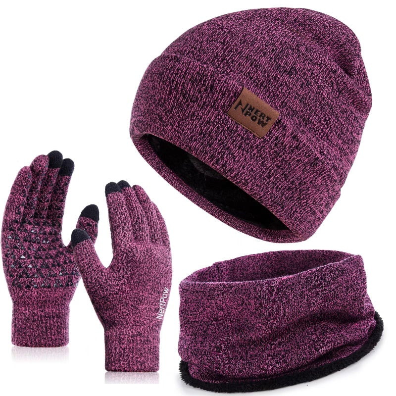 Nertpow Winter 1-3 PCS Beanie Hat Gloves Scarf for Men and Women, Knit Thick Fleece Lined Warm Touchscreen Gloves Beanie Infitiny Scarf Set (Gloves&Beanie&Scarf Black Rose) - Image 1